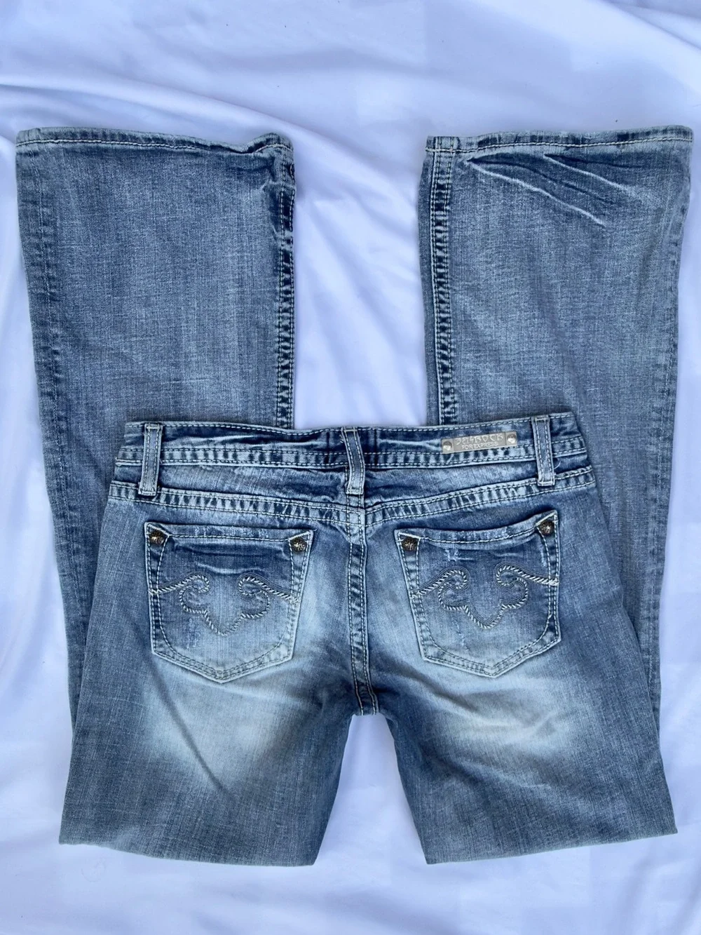 y2k rerock by express low rise light wash bootcut embroidered jeans size 8R
